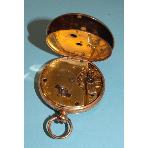 680 - A Continental 14k-gold-cased open-face key-wind pocket watch, the silvered dial with Roman numerals ... 