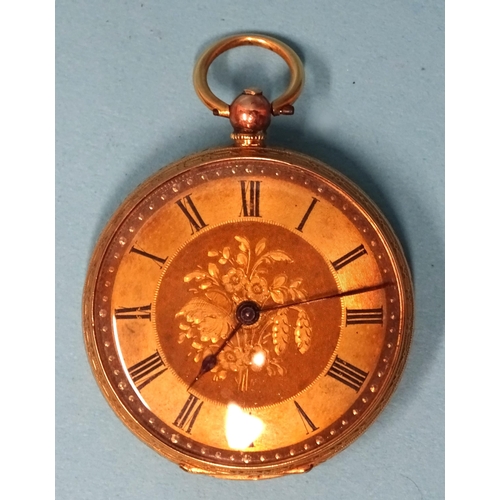 702 - A Continental 18k-gold-cased key-wind pocket watch, the gilt engraved dial with Roman numerals, in f... 