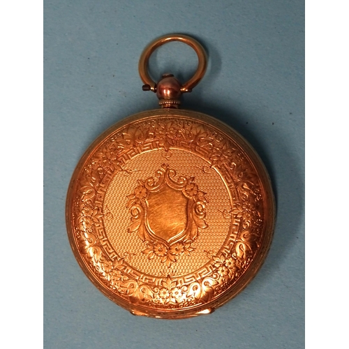 702 - A Continental 18k-gold-cased key-wind pocket watch, the gilt engraved dial with Roman numerals, in f... 