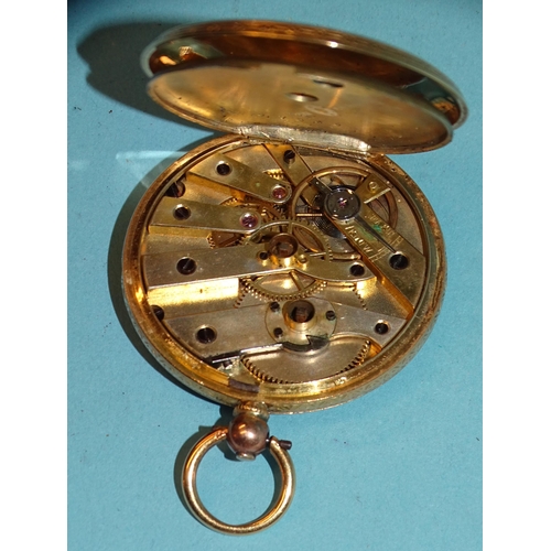 702 - A Continental 18k-gold-cased key-wind pocket watch, the gilt engraved dial with Roman numerals, in f... 