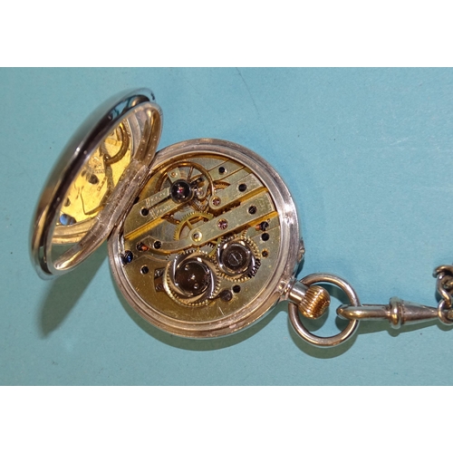 710 - A Continental silver half-hunter-cased keyless pocket watch, the white enamel dial with Roman numera... 