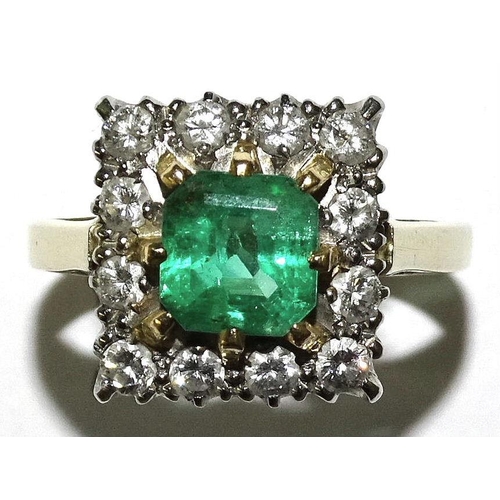 760 - An emerald and diamond rectangular cluster ring, claw-set an emerald-cut emerald (approximately 6 x ... 