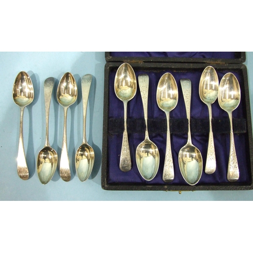 530 - A cased set of six silver teaspoons, with bright-cut decoration, London 1918, together with four Geo... 