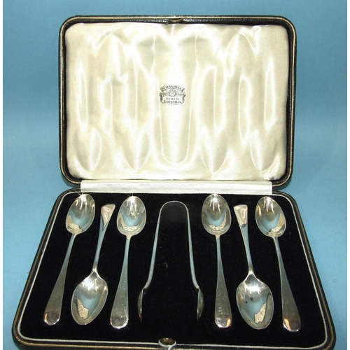 540 - A cased set of six old English pattern teaspoons and tongs, Josiah Williams & Co, London, 1939, ... 