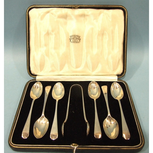 540 - A cased set of six old English pattern teaspoons and tongs, Josiah Williams & Co, London, 1939, ... 