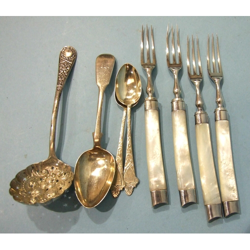 542 - Four mother of pearl-handled silver forks, London 1899, a Victorian silver sifter spoon, London 1897... 