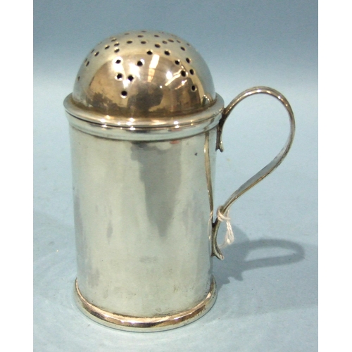 550 - A George III silver sander with perforated cover and loop handle, marks rubbed, 9.5cm, 132.8g, ___4.... 