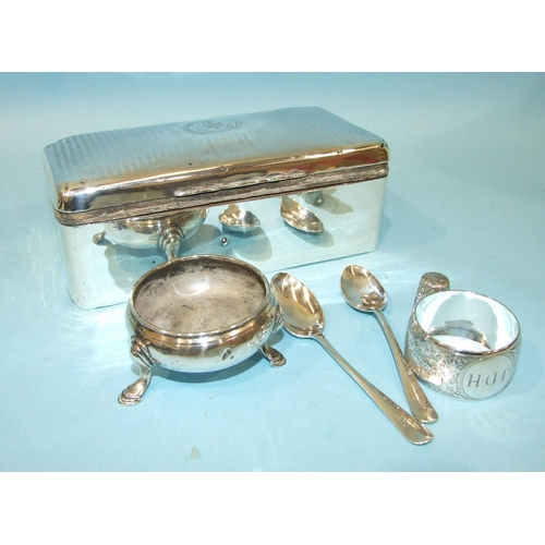 556 - A silver cigarette box with engine-turned lid and Indian Medical Service crest, 17 x 9 x 6cm (a/f), ... 