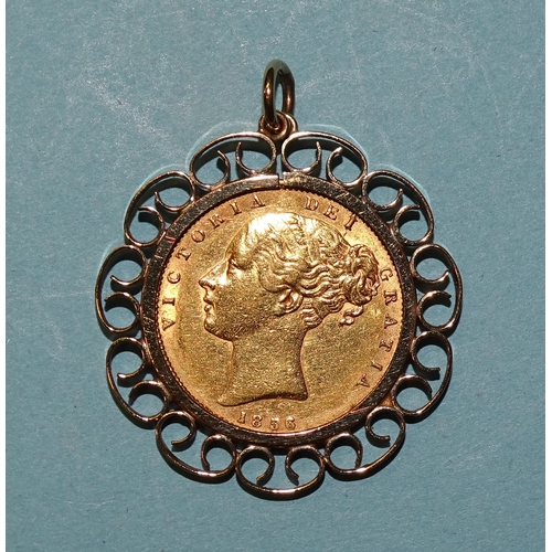 654 - A Queen Victoria 1856 sovereign in 9ct gold pendant mount, 11.4g.