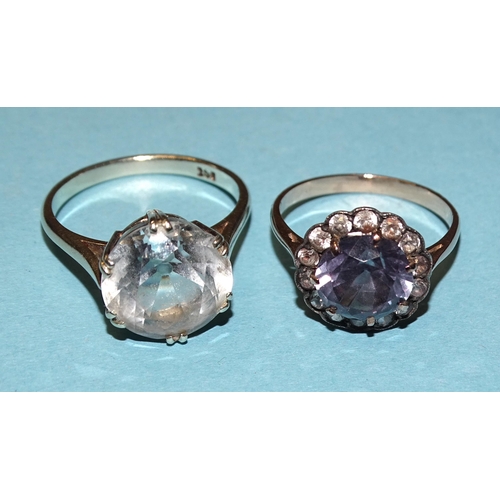 847 - A 9ct gold ring set a cluster of purple and white synthetic sapphires, size O and a 9ct gold ring se... 