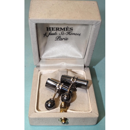 849 - Hermes, a pair of silver ball and bar cufflinks marked Hermes Made in France, 925, 950, (with ring b... 