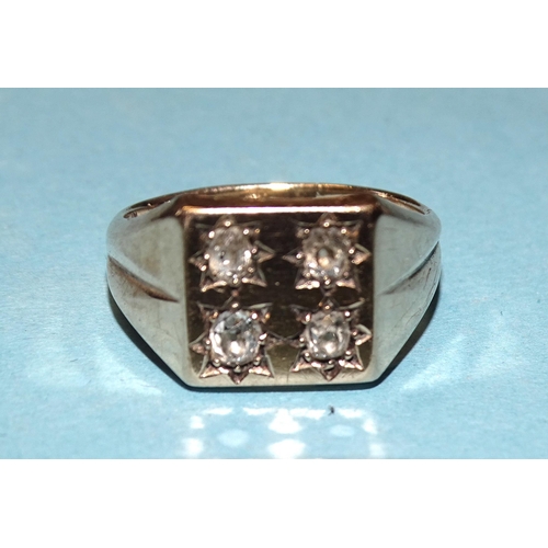 853 - A 9ct gold square signet ring set four old brilliant-cut diamonds, estimated diamond weight 0.5cts, ... 