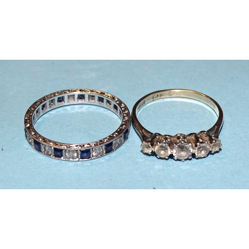 872 - A 9ct gold ring claw-set five graduated white spinels, size N½ and a 9ct white gold eternity ... 