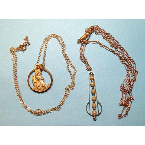 890 - A 9ct gold pendant set simulated pearls, on spindle mount, on unmarked chain and a 9ct gold St Chris... 