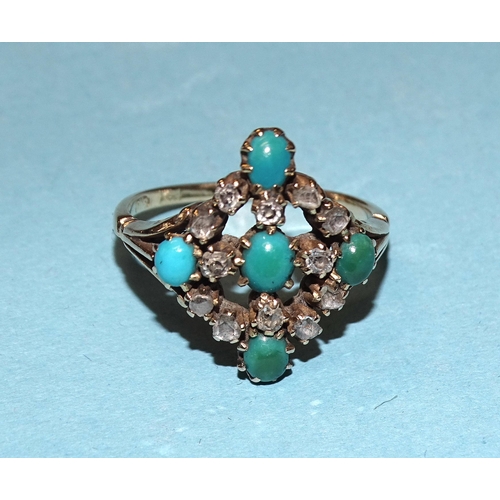 894 - A Victorian diamond and turquoise cluster ring claw-set five turquoise cabochons and twelve old bril... 