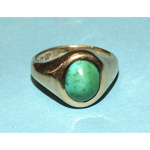 914 - An 18ct gold signet ring set turquoise, (discoloured), size K, 7.7g.