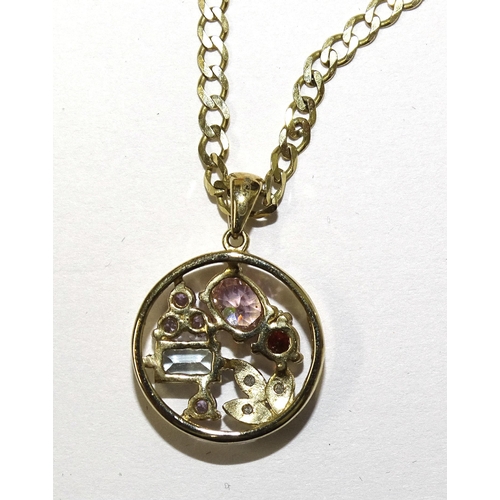 86 - A 9ct gold circular pendant set diamond points and coloured gems, on 9ct gold neck chain, 50cm, 4.5g... 