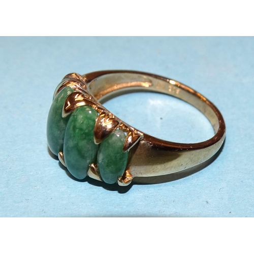 130 - A 9ct gold ring set four green cabochons, possibly jade, size R, gross weight 4.4g.