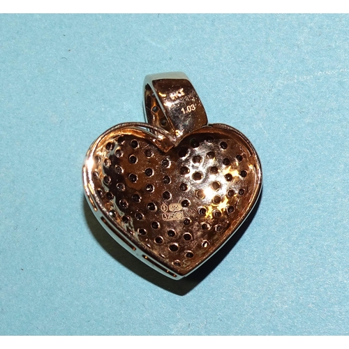 184 - A black and white diamond pendant of heart shape, in 9ct gold mount, 20mm wide, 4g.