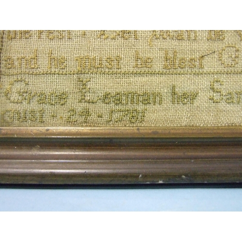 153 - A George III small needlework sampler, worked with the alphabet, numbers and religious text by Grace... 