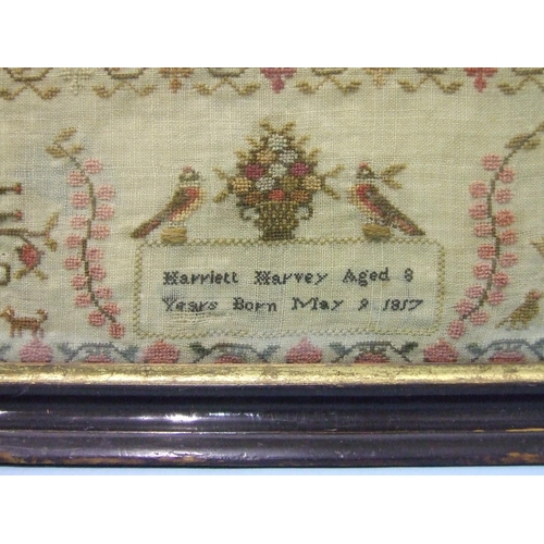 154 - An early-19th century needlework sampler, worked with the alphabet, rhyme 