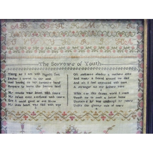 154 - An early-19th century needlework sampler, worked with the alphabet, rhyme 