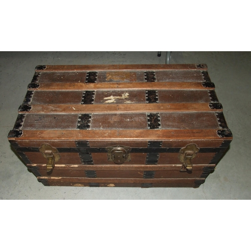 165 - A wood and metal-bound trunk, 81cm wide and various oddments, including a Russian Soviet Police cap,... 