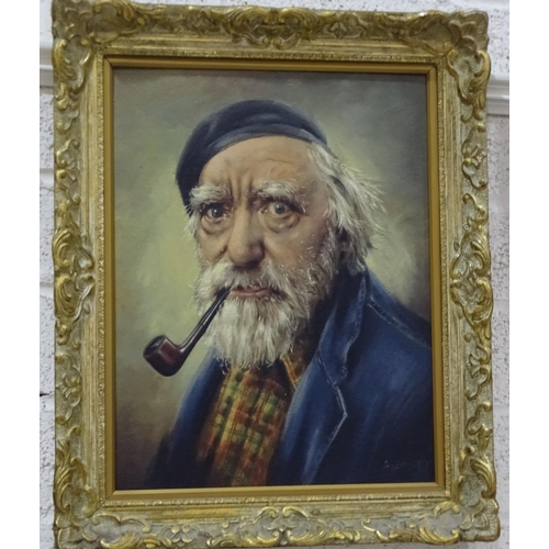 162 - S L Bennett, 'Portrait of Augustus John smoking a pipe', signed oil on board, 43 x 32cm, titled vers... 