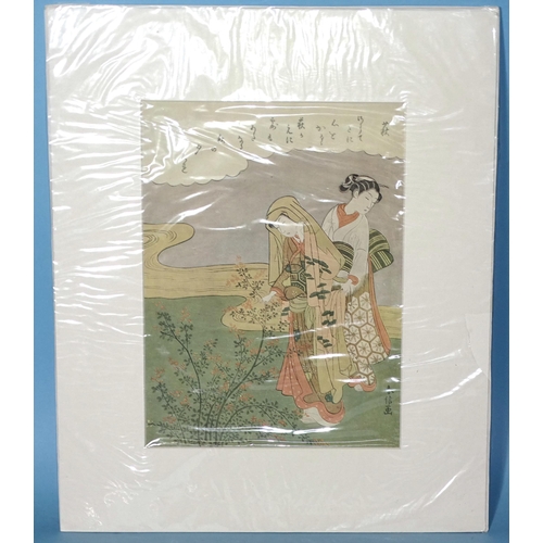 155 - Three Japanese coloured prints, named in pencil on back Harunobu, 26 x 18cm and other pictures and p... 