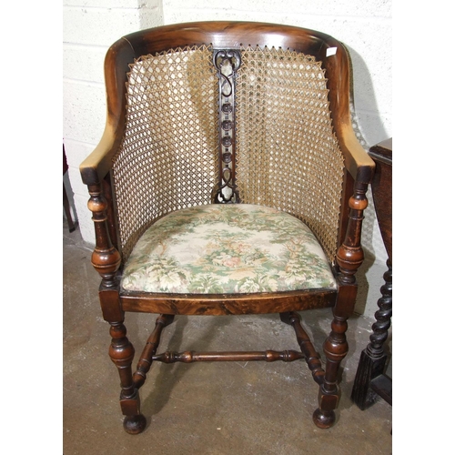 10 - A mid-20th century stained wood caned tub chair and two oak barley-twist drop tables, (3).... 