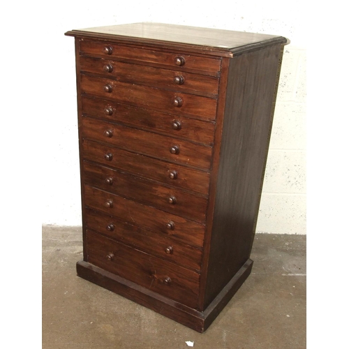 14 - A stained wood collectors' chest of ten graduated drawers, 62cm wide, 102cm high.