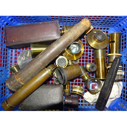 58 - Various lacquered microscope and other lenses, a brass travelling telescope and miscellaneous items.... 