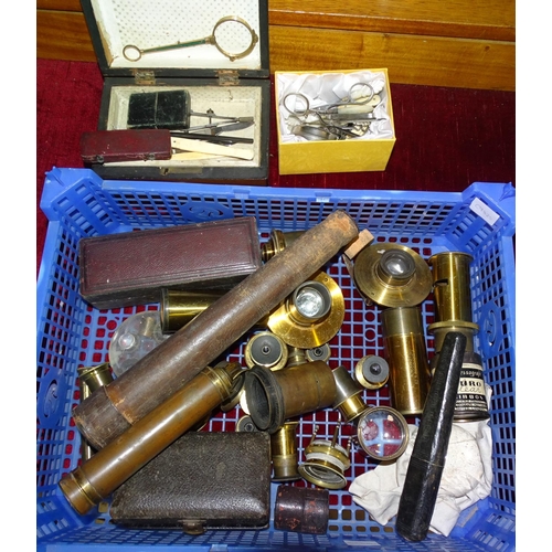 58 - Various lacquered microscope and other lenses, a brass travelling telescope and miscellaneous items.... 