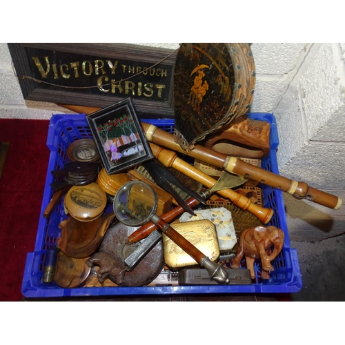 62 - Two wooden bird scares, various Mauchlin ware small boxes, other wooden and miscellaneous items.... 