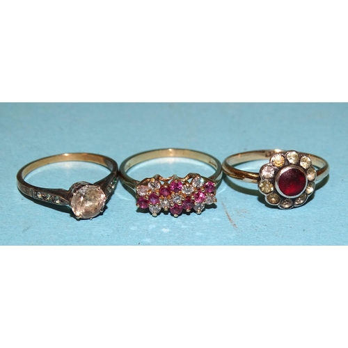 85 - A 9ct gold ring set a cluster of cubic zirconia and pink stones, size M½, 1.8g and two 9ct gold and ... 