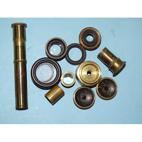 58 - Various lacquered microscope and other lenses, a brass travelling telescope and miscellaneous items.... 