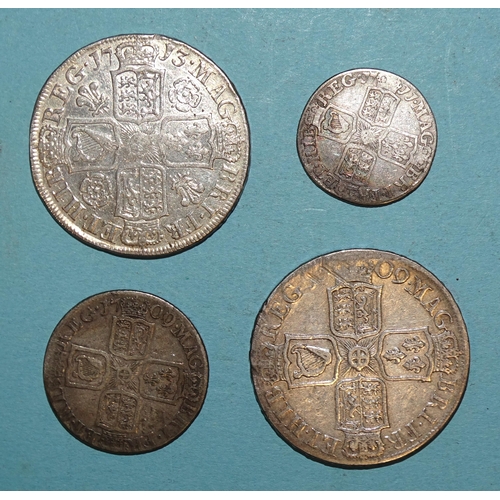 77 - Anne (1702-1714), half-crown (x2), 1709 and 1713, shilling 1709 and sixpence 1711, (4).... 