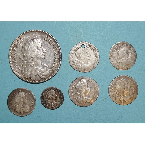 78 - Charles II (1660-1685), 1671 half-crown, fourpence 1672, 1679 and 1684 (holed), threepence 1679, ano... 