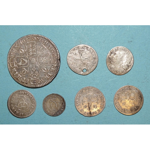 78 - Charles II (1660-1685), 1671 half-crown, fourpence 1672, 1679 and 1684 (holed), threepence 1679, ano... 