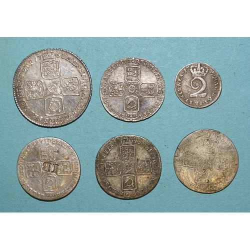 80 - George II (1727-1760), shilling 1758, sixpence 1745 (LIMA), 1757 (stamped IB), 1758, another (date r... 