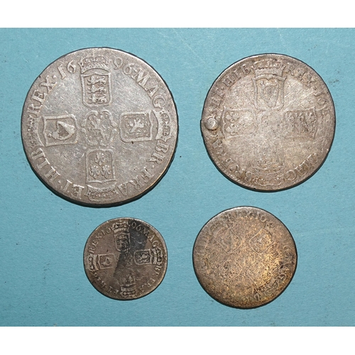 81 - William III (1694-1702), 1696 crown, 1697 half-crown, shilling (date rubbed) and sixpence 1696, (4).... 