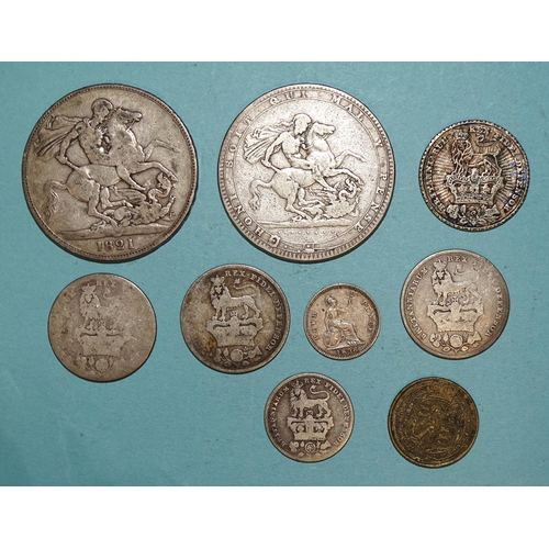 82 - George III (1760-1820), 1820 crown, brass 1818 sixpence, George IV (1820-1830), 1821 crown, shilling... 