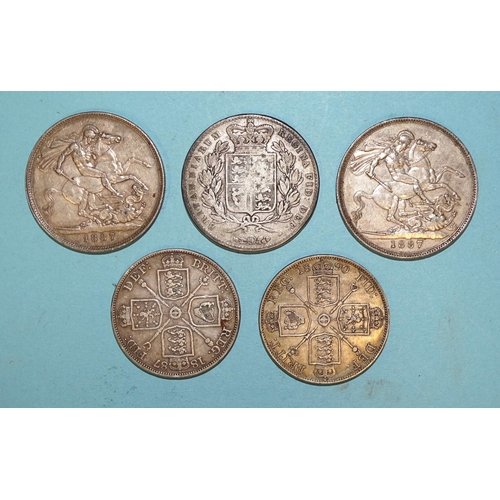 90 - Victoria (1837-1901), three crowns 1847, 1887 (x2) and two double-florins 1887 and 1890, (5).... 