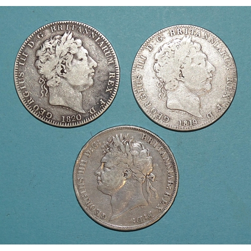 99 - George III (1760-1820), 1819 and 1820 crowns and George IV (1820-1830), an 1821 crown, (3).... 