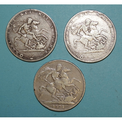 99 - George III (1760-1820), 1819 and 1820 crowns and George IV (1820-1830), an 1821 crown, (3).... 