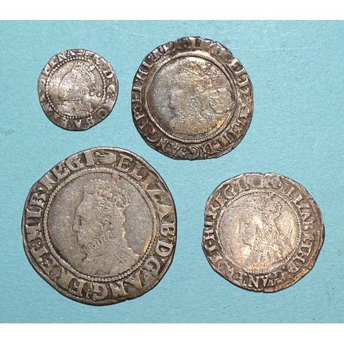 87 - Elizabeth I (1558-1603), a hammered silver shilling, sixpence, (date rubbed), one other and a half-g... 