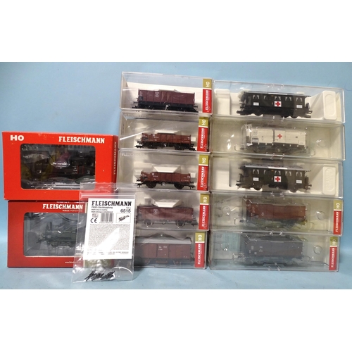 276 - Fleischmann HO gauge, two steam locomotives no.s 400602 and 407001, two Red Cross coaches and eight ... 