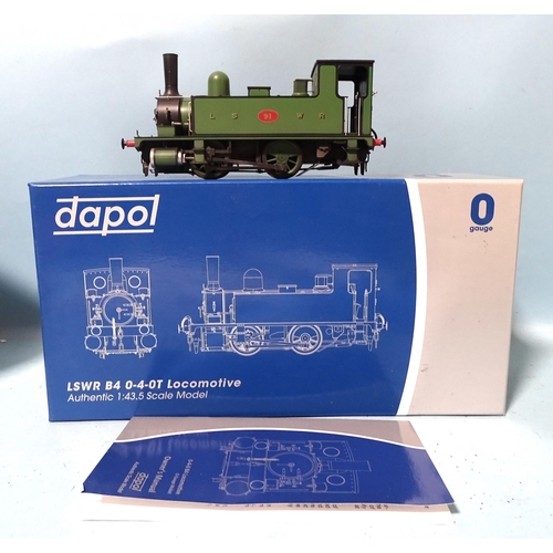 296 - Dapol, O gauge, 7S-018-066 LSWR Class B4 0-4-0T locomotive RN91, with Perspex stand, (boxed).... 