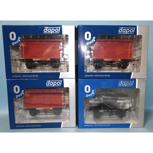298 - Dapol, O gauge, four boxed wagons: Tower Model Conflats (x3) and 7F-063-005 Anchor-mounted Tank, (4)... 