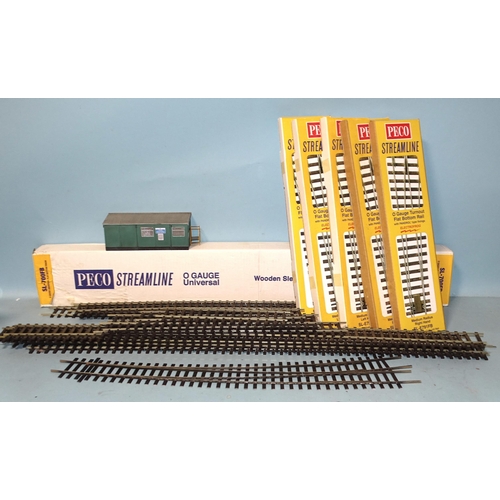 306 - Peco, O gauge track: five boxed turnouts flat-bottom rail SL-E791FB and SL-E792FB (x4), a box of twe... 
